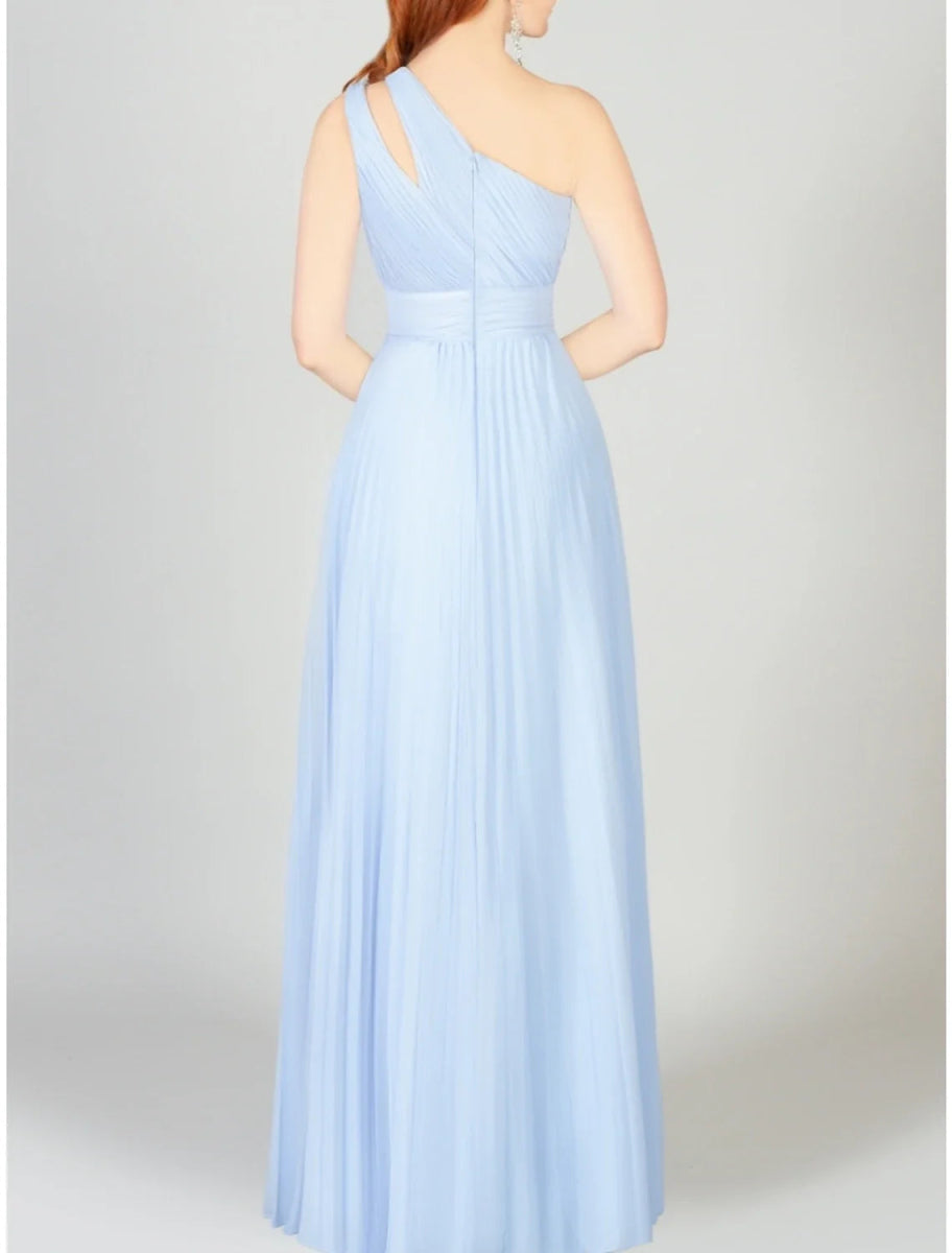 NumberSea - A - Line Bridesmaid Dress One Shoulder Sleeveless Blue Floor Length Chiffon with Ruching