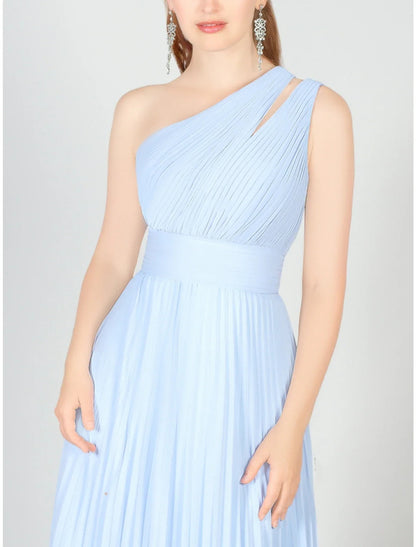 NumberSea - A - Line Bridesmaid Dress One Shoulder Sleeveless Blue Floor Length Chiffon with Ruching