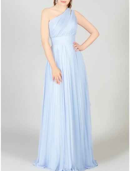 NumberSea - A - Line Bridesmaid Dress One Shoulder Sleeveless Blue Floor Length Chiffon with Ruching