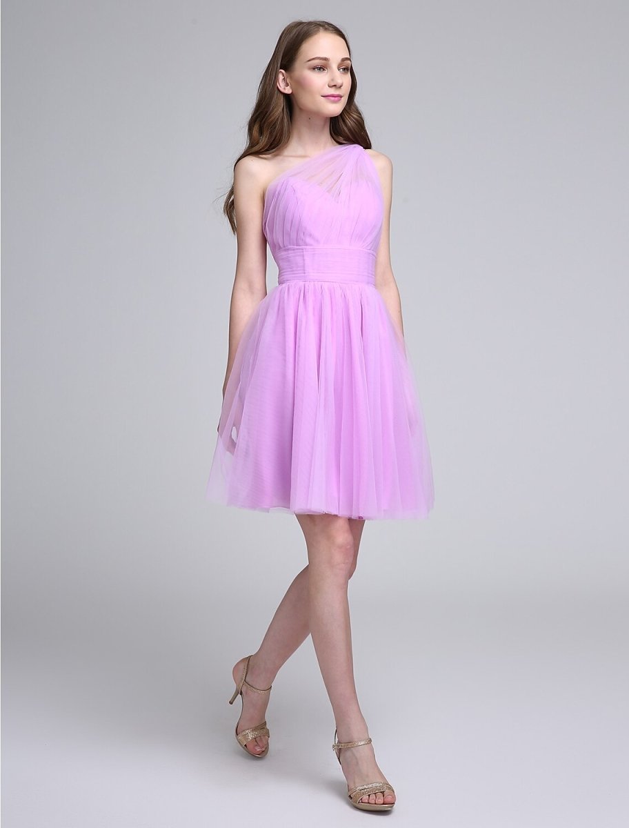 NumberSea - A - Line Bridesmaid Dress One Shoulder Sleeveless Knee Length Tulle with Ruched / Side Draping