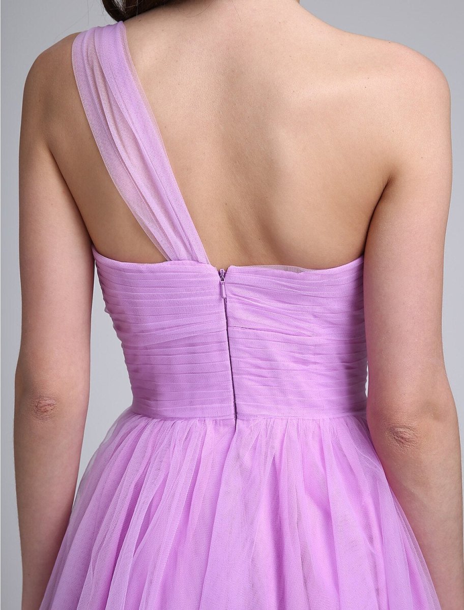 NumberSea - A - Line Bridesmaid Dress One Shoulder Sleeveless Knee Length Tulle with Ruched / Side Draping