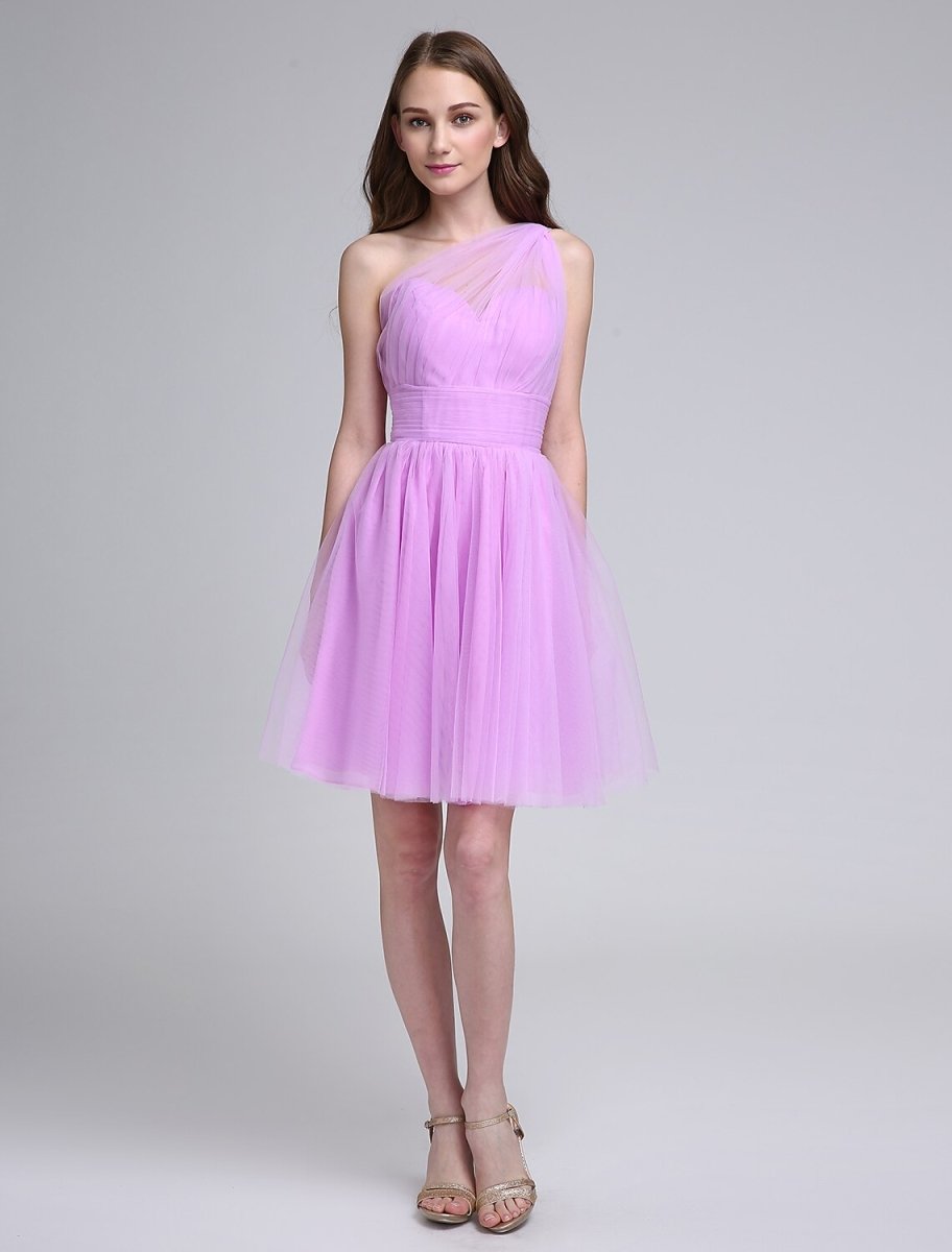 NumberSea - A - Line Bridesmaid Dress One Shoulder Sleeveless Knee Length Tulle with Ruched / Side Draping