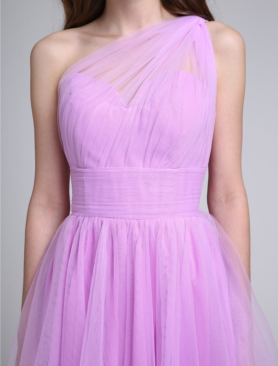 NumberSea - A - Line Bridesmaid Dress One Shoulder Sleeveless Knee Length Tulle with Ruched / Side Draping