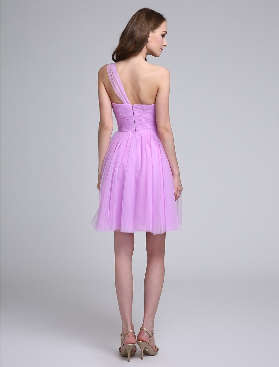 NumberSea - A - Line Bridesmaid Dress One Shoulder Sleeveless Knee Length Tulle with Ruched / Side Draping