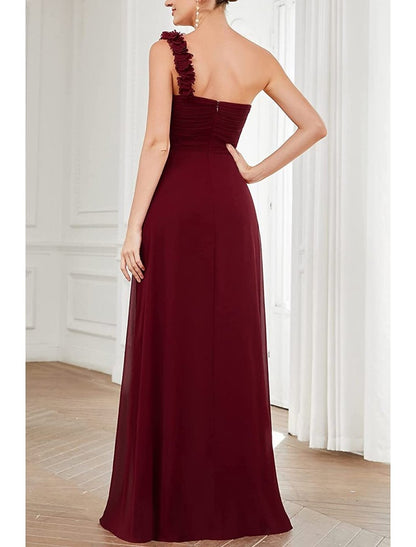 NumberSea - A - Line Bridesmaid Dress One Shoulder Sleeveless Open Back Floor Length Chiffon with Pleats