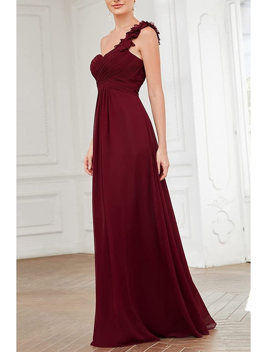 NumberSea - A - Line Bridesmaid Dress One Shoulder Sleeveless Open Back Floor Length Chiffon with Pleats