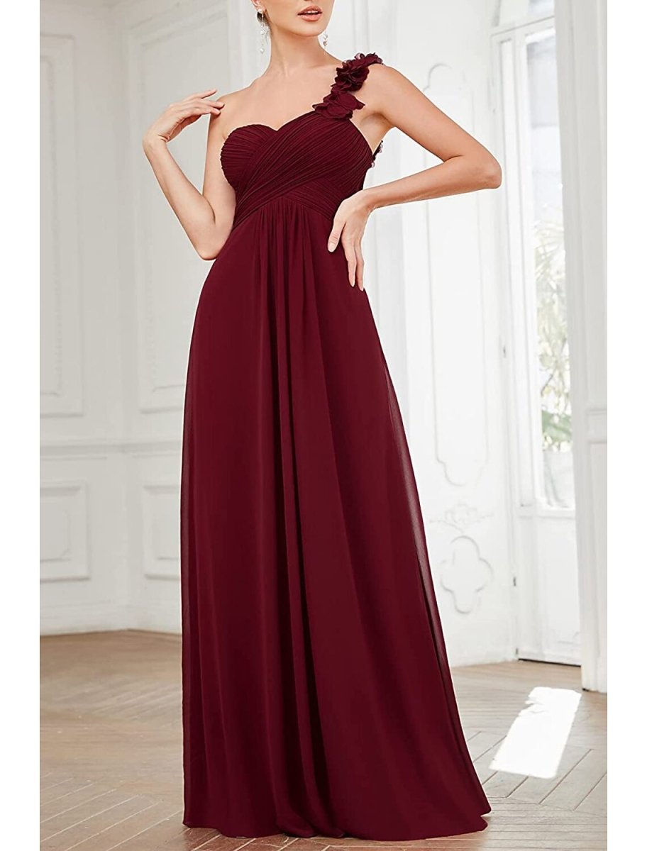 NumberSea - A - Line Bridesmaid Dress One Shoulder Sleeveless Open Back Floor Length Chiffon with Pleats