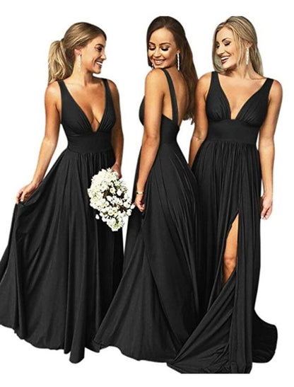 NumberSea - A - Line Bridesmaid Dress Plunging Neck Sleeveless Furcal Floor Length Chiffon with Pleats / Split Front