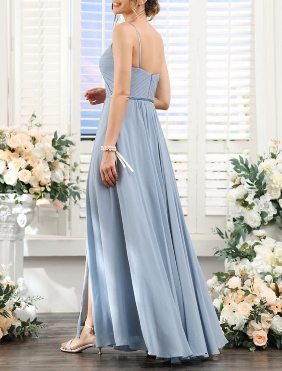 NumberSea - A - Line Bridesmaid Dress Spaghetti Strap Sleeveless Blue Floor Length Chiffon with Split Front / Ruching