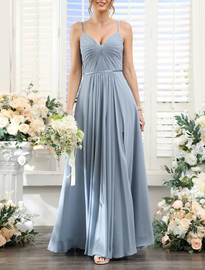 NumberSea - A - Line Bridesmaid Dress Spaghetti Strap Sleeveless Blue Floor Length Chiffon with Split Front / Ruching