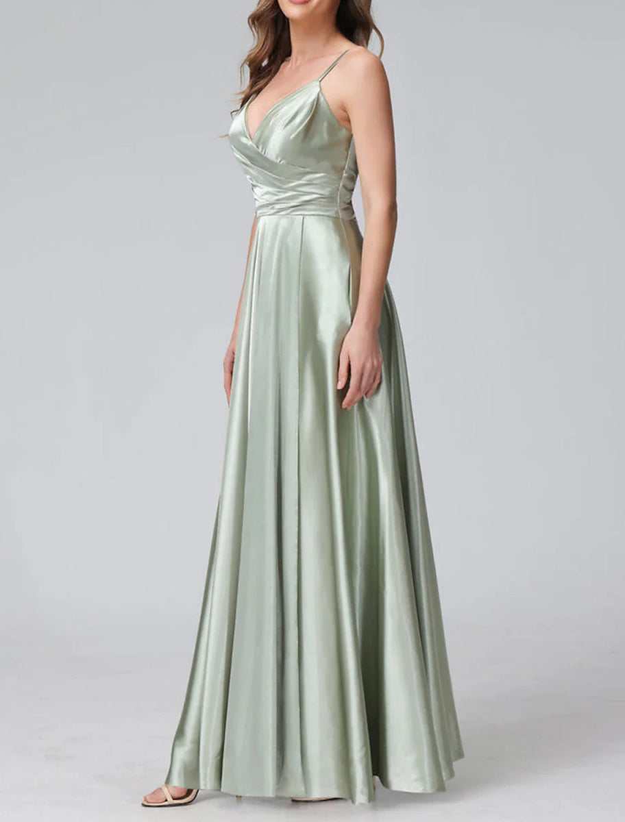 NumberSea - A - Line Bridesmaid Dress Spaghetti Strap Sleeveless Elegant Floor Length Satin with Split Front / Ruching