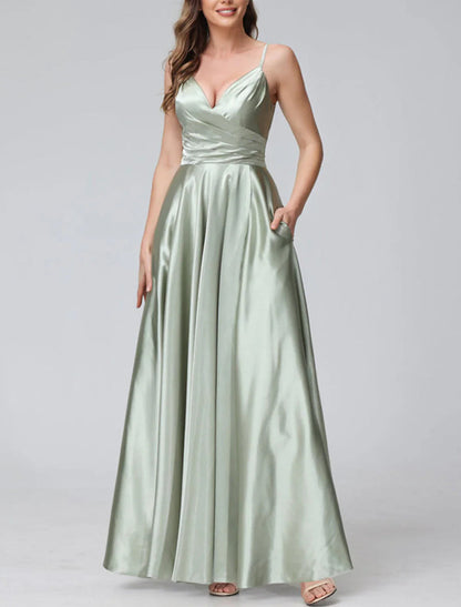 NumberSea - A - Line Bridesmaid Dress Spaghetti Strap Sleeveless Elegant Floor Length Satin with Split Front / Ruching