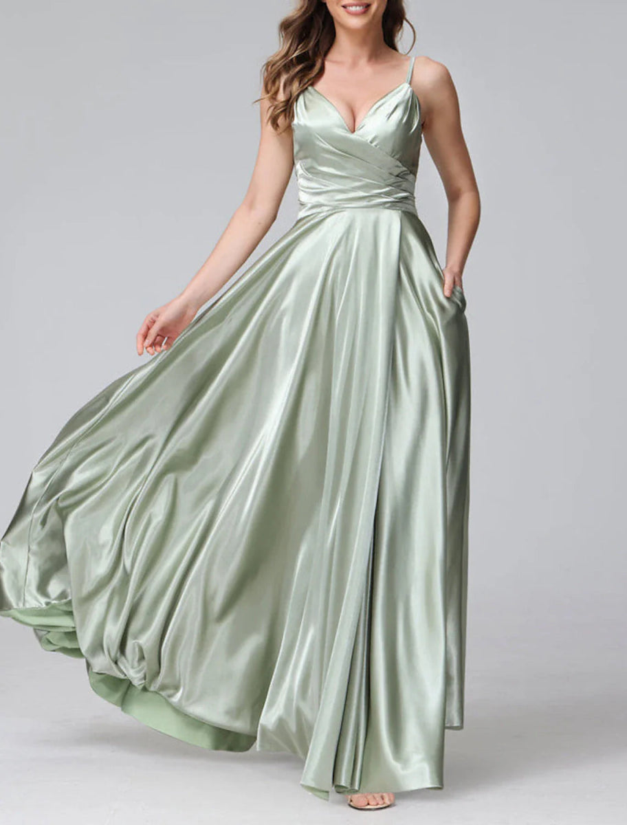 NumberSea - A - Line Bridesmaid Dress Spaghetti Strap Sleeveless Elegant Floor Length Satin with Split Front / Ruching