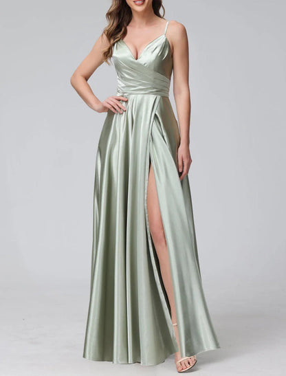 NumberSea - A - Line Bridesmaid Dress Spaghetti Strap Sleeveless Elegant Floor Length Satin with Split Front / Ruching