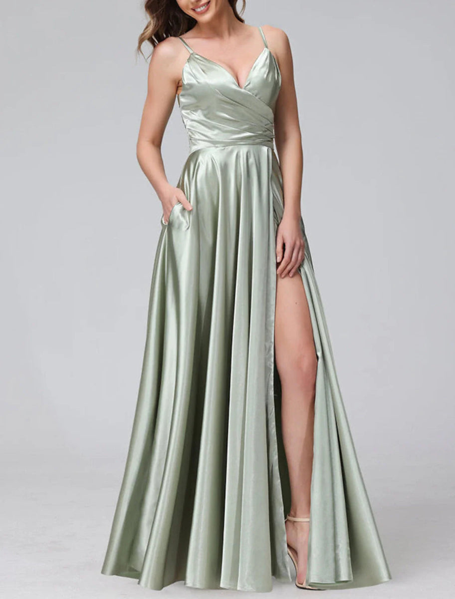 NumberSea - A - Line Bridesmaid Dress Spaghetti Strap Sleeveless Elegant Floor Length Satin with Split Front / Ruching