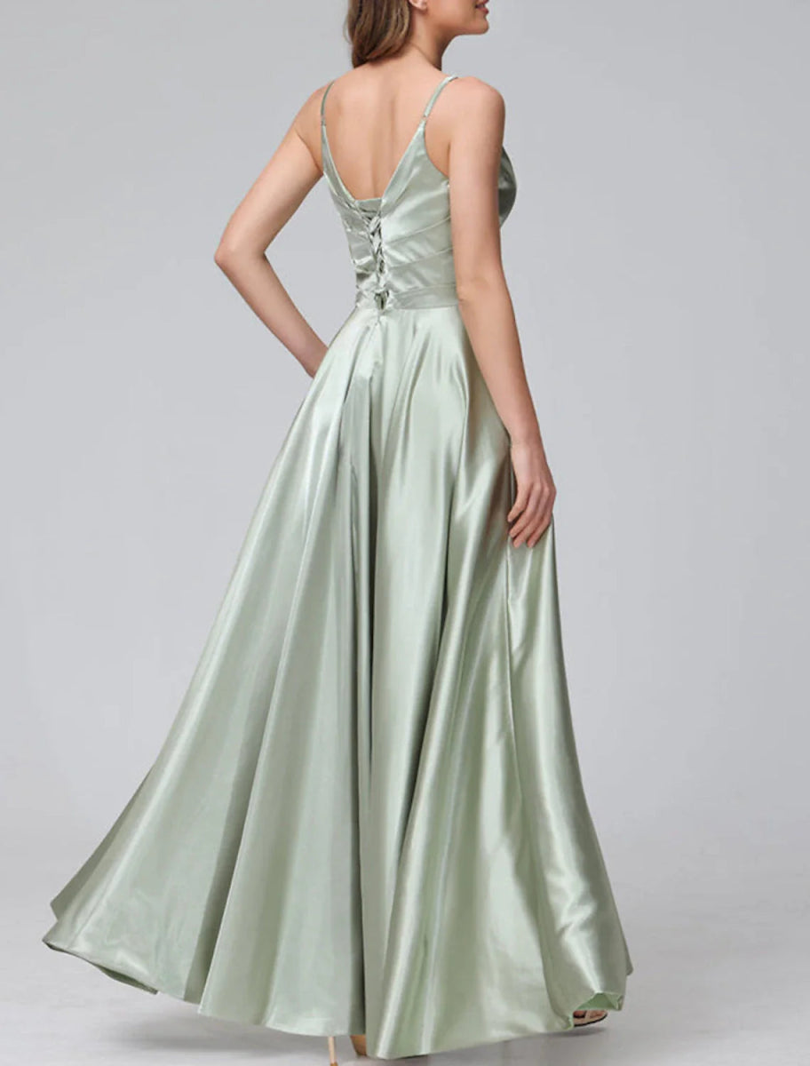 NumberSea - A - Line Bridesmaid Dress Spaghetti Strap Sleeveless Elegant Floor Length Satin with Split Front / Ruching