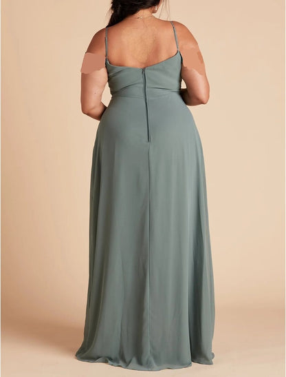 NumberSea - A - Line Bridesmaid Dress Spaghetti Strap Sleeveless Sexy Floor Length Chiffon with Solid Color