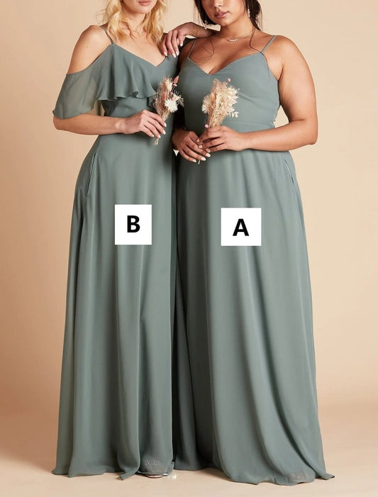 NumberSea - A - Line Bridesmaid Dress Spaghetti Strap Sleeveless Sexy Floor Length Chiffon with Solid Color