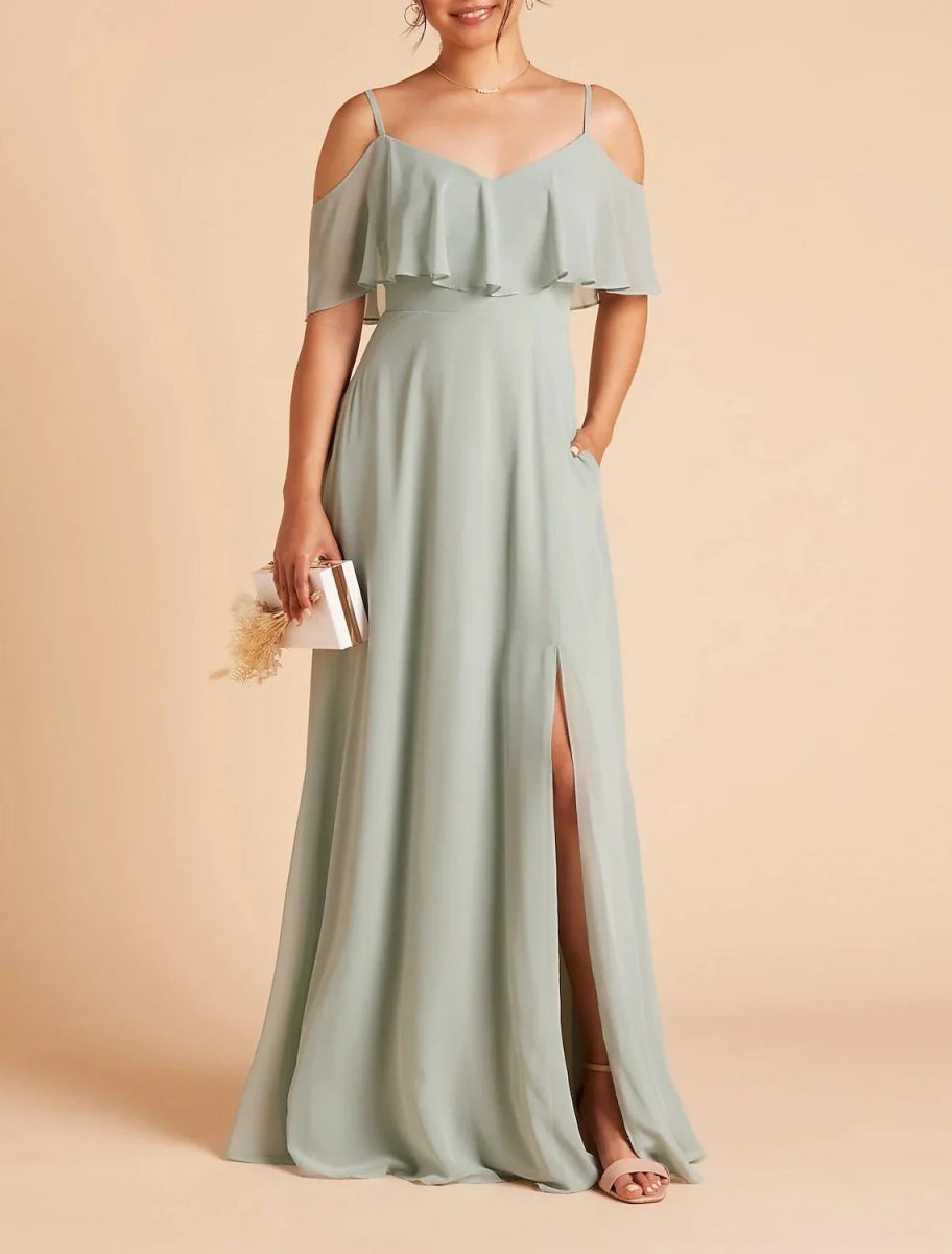 NumberSea - A - Line Bridesmaid Dress Spaghetti Strap Sleeveless Sexy Floor Length Chiffon with Solid Color