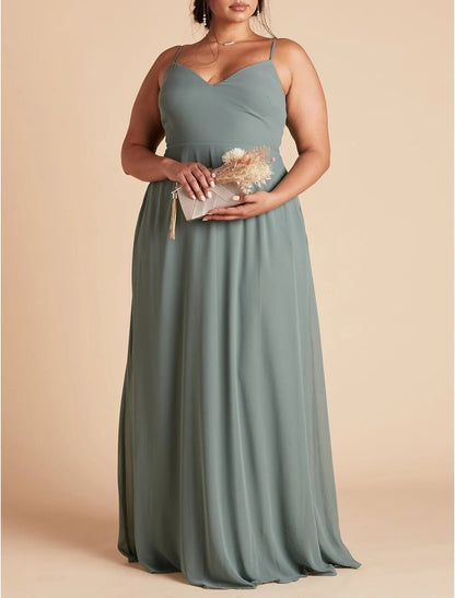 NumberSea - A - Line Bridesmaid Dress Spaghetti Strap Sleeveless Sexy Floor Length Chiffon with Solid Color