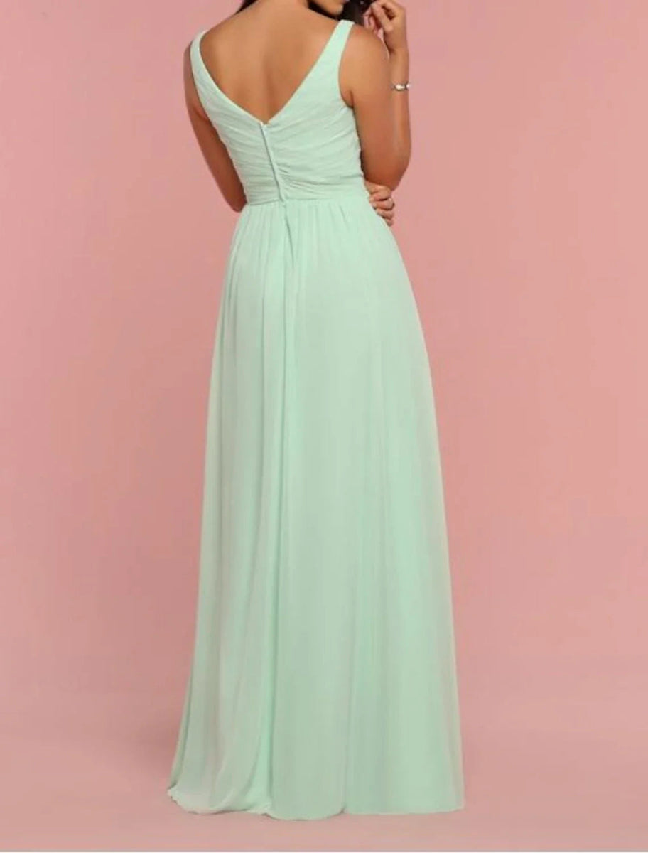 NumberSea - A - Line Bridesmaid Dress Straps / Plunging Neck / V Neck Sleeveless Open Back Floor Length Chiffon / Shantung / Imitated Silk with Pleats / Draping / Ruching