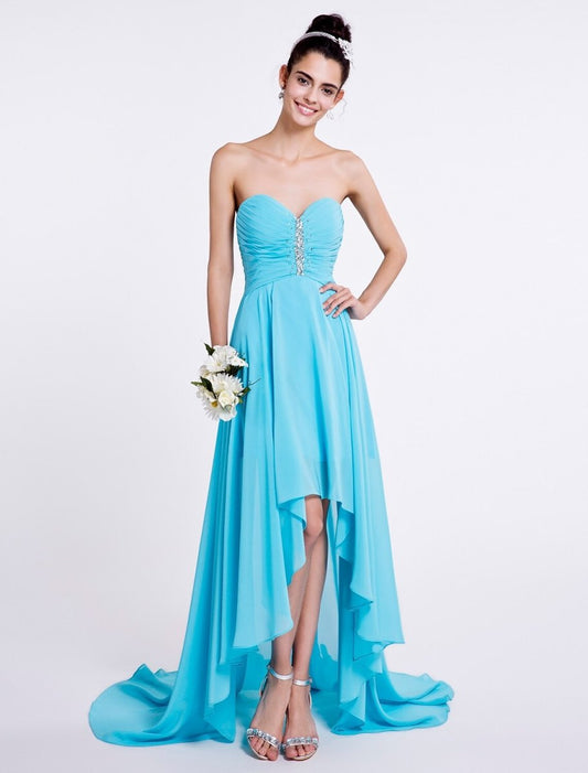 NumberSea - A - Line Bridesmaid Dress Sweetheart Sleeveless Open Back Asymmetrical Chiffon with Ruched / Beading