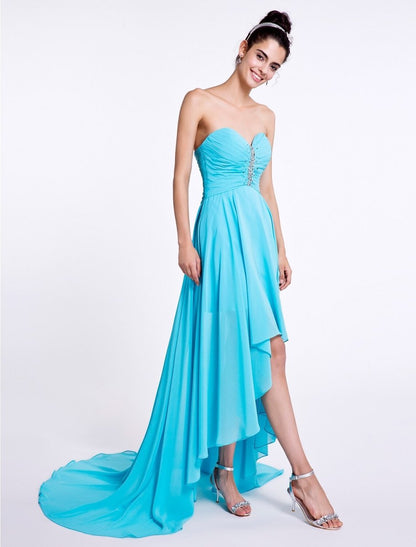 NumberSea - A - Line Bridesmaid Dress Sweetheart Sleeveless Open Back Asymmetrical Chiffon with Ruched / Beading