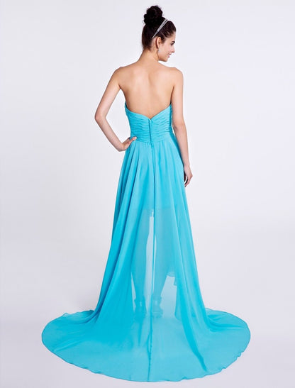 NumberSea - A - Line Bridesmaid Dress Sweetheart Sleeveless Open Back Asymmetrical Chiffon with Ruched / Beading