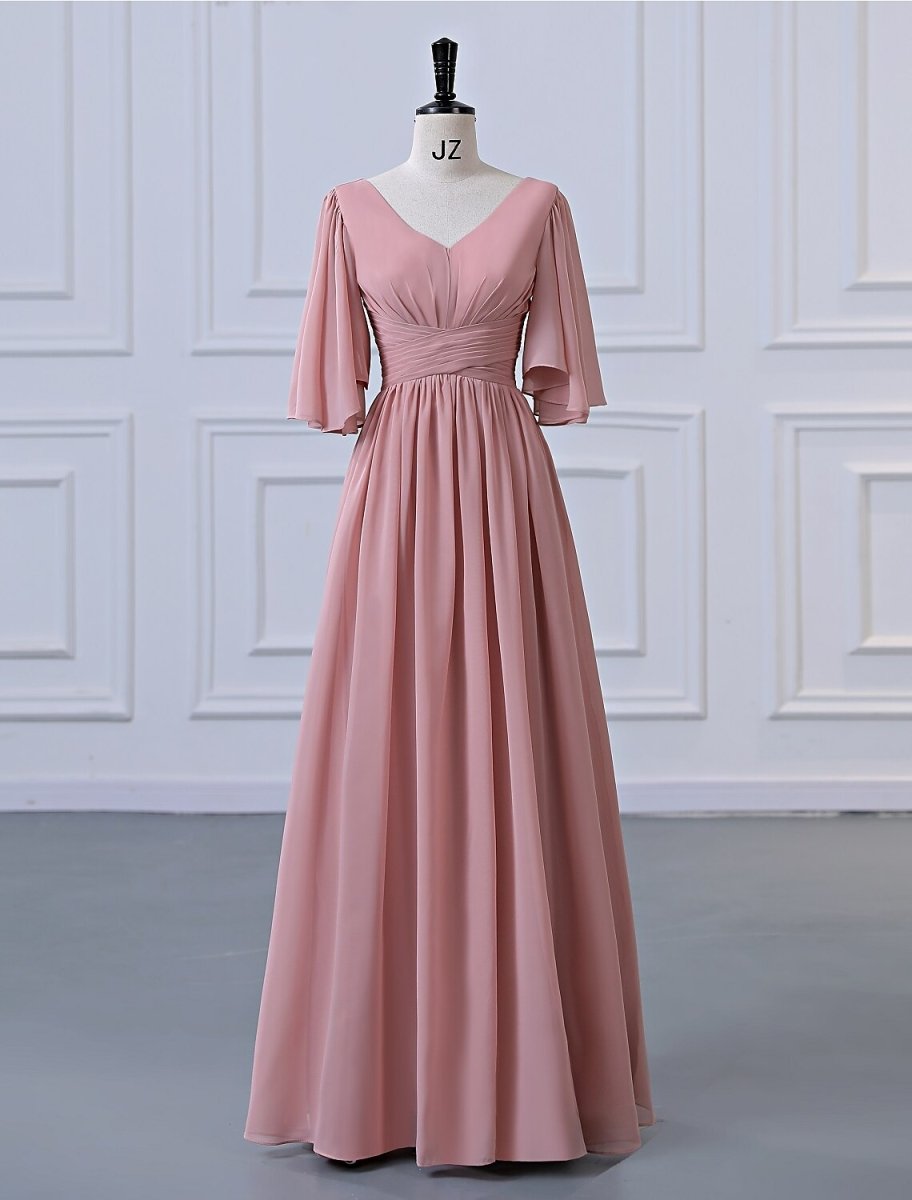 NumberSea - A - Line Bridesmaid Dress V Neck Half Sleeve Elegant Floor Length Chiffon with Pleats / Ruffles