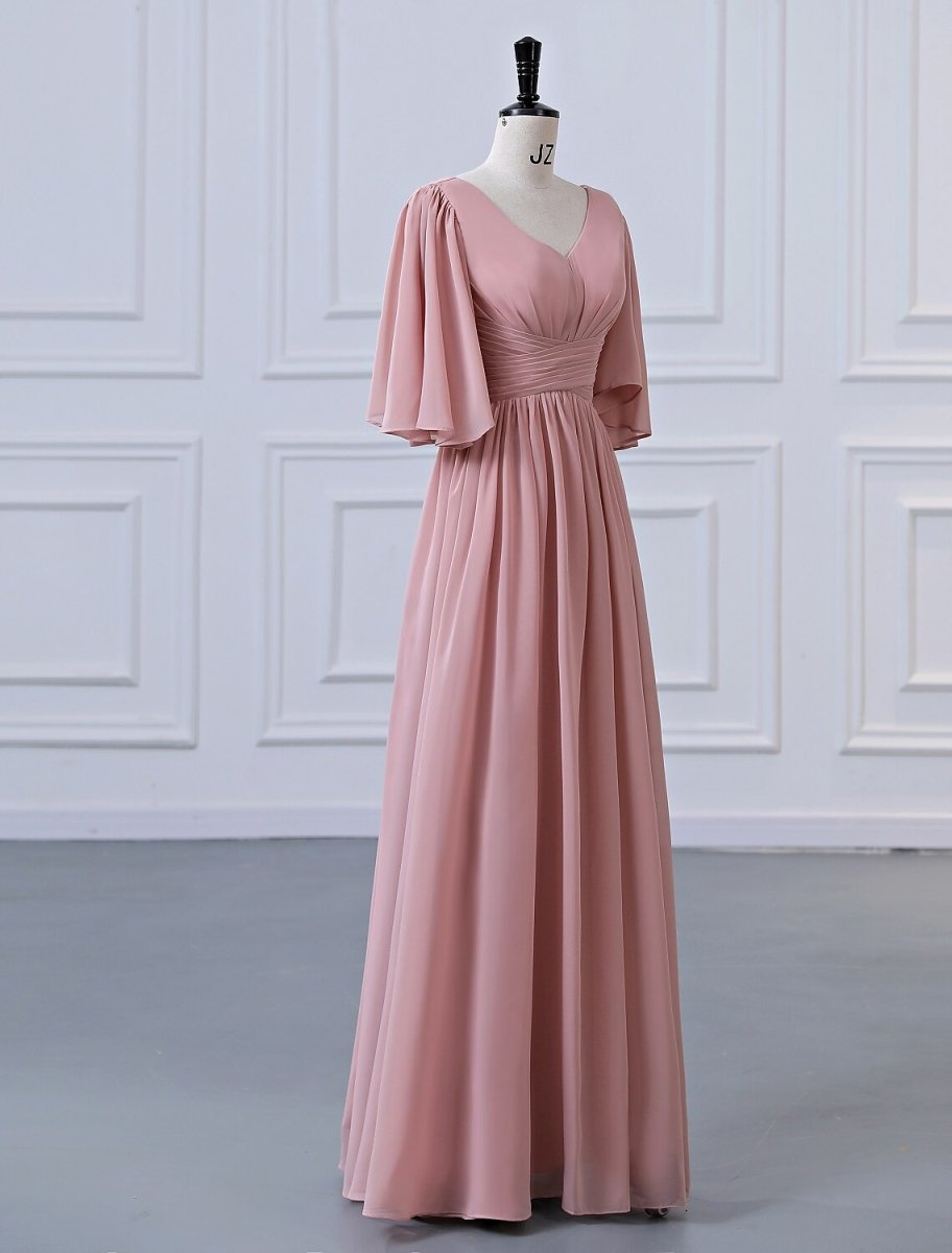 NumberSea - A - Line Bridesmaid Dress V Neck Half Sleeve Elegant Floor Length Chiffon with Pleats / Ruffles