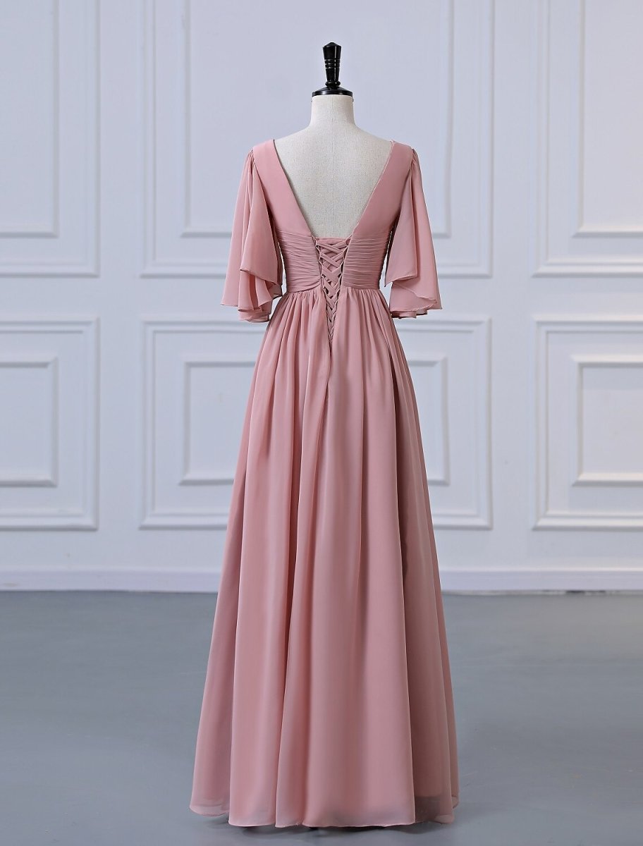 NumberSea - A - Line Bridesmaid Dress V Neck Half Sleeve Elegant Floor Length Chiffon with Pleats / Ruffles