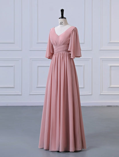 NumberSea - A - Line Bridesmaid Dress V Neck Half Sleeve Elegant Floor Length Chiffon with Pleats / Ruffles