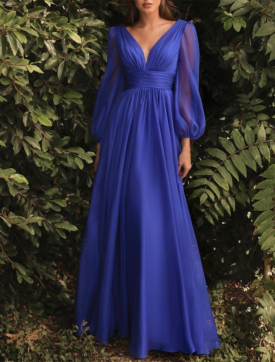 NumberSea - A - Line Bridesmaid Dress V Neck Long Sleeve Blue Floor Length Chiffon with Ruching / Solid Color