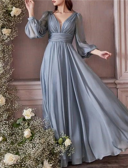 NumberSea - A - Line Bridesmaid Dress V Neck Long Sleeve Blue Floor Length Chiffon with Ruching / Solid Color