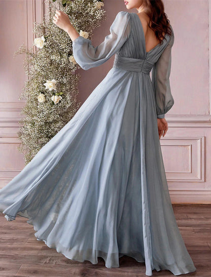 NumberSea - A - Line Bridesmaid Dress V Neck Long Sleeve Blue Floor Length Chiffon with Ruching / Solid Color