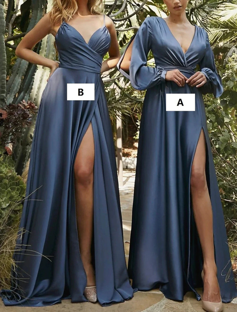 NumberSea - A - Line Bridesmaid Dress V Neck Long Sleeve Blue Floor Length Chiffon with Split Front / Ruching