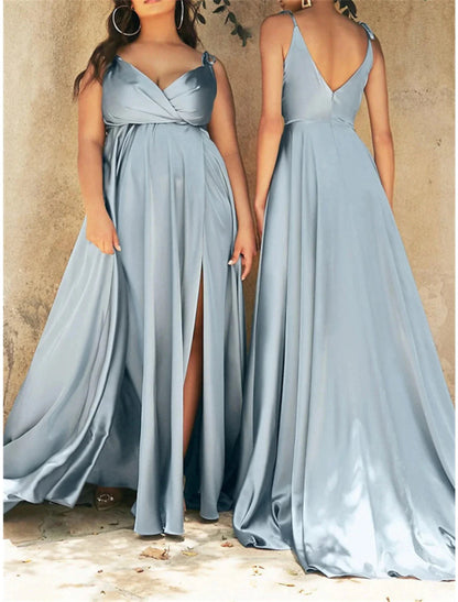 NumberSea - A - Line Bridesmaid Dress V Neck Long Sleeve Blue Floor Length Chiffon with Split Front / Ruching