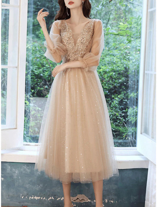 NumberSea - A - Line Bridesmaid Dress V Neck Long Sleeve Elegant Tea Length Lace / Tulle with Beading / Appliques