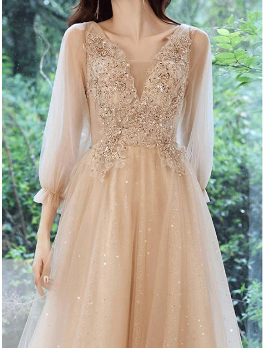 NumberSea - A - Line Bridesmaid Dress V Neck Long Sleeve Elegant Tea Length Lace / Tulle with Beading / Appliques