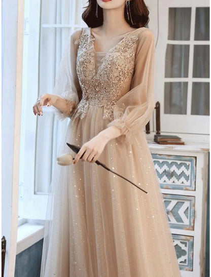 NumberSea - A - Line Bridesmaid Dress V Neck Long Sleeve Elegant Tea Length Lace / Tulle with Beading / Appliques