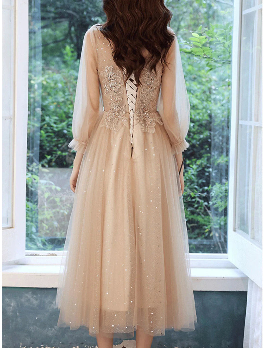 NumberSea - A - Line Bridesmaid Dress V Neck Long Sleeve Elegant Tea Length Lace / Tulle with Beading / Appliques