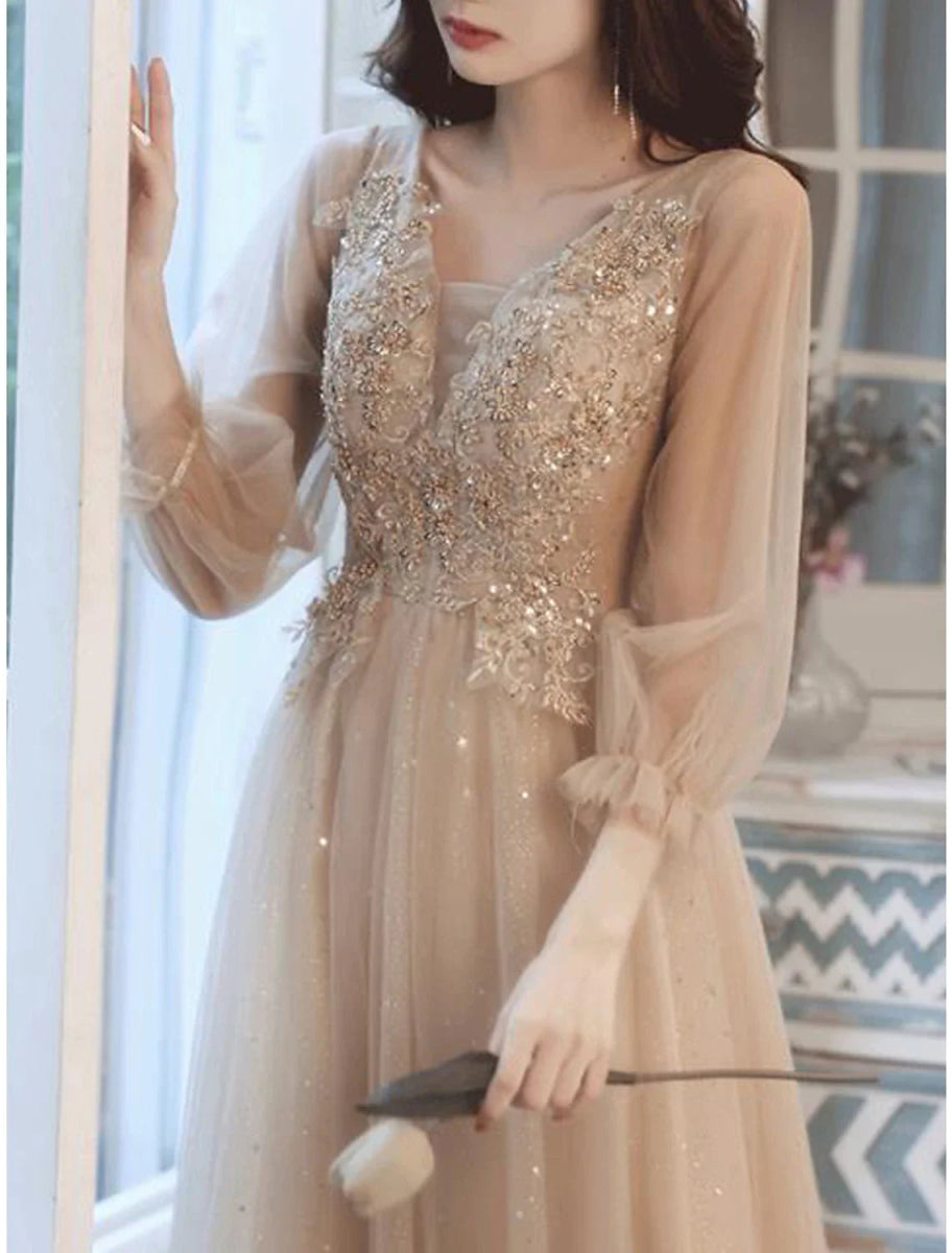 NumberSea - A - Line Bridesmaid Dress V Neck Long Sleeve Elegant Tea Length Lace / Tulle with Beading / Appliques