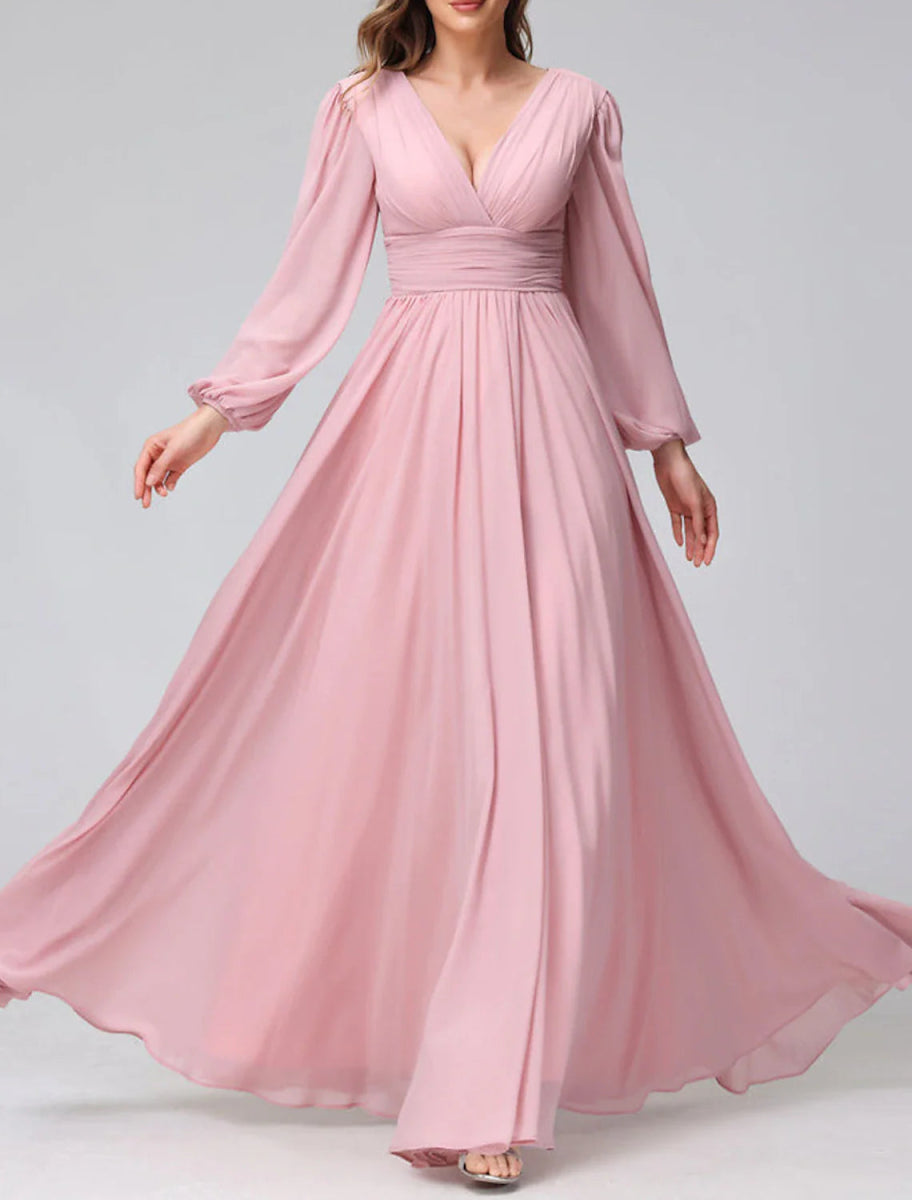 NumberSea - A - Line Bridesmaid Dress V Neck Long Sleeve Pink Floor Length Chiffon with Split Front / Ruching