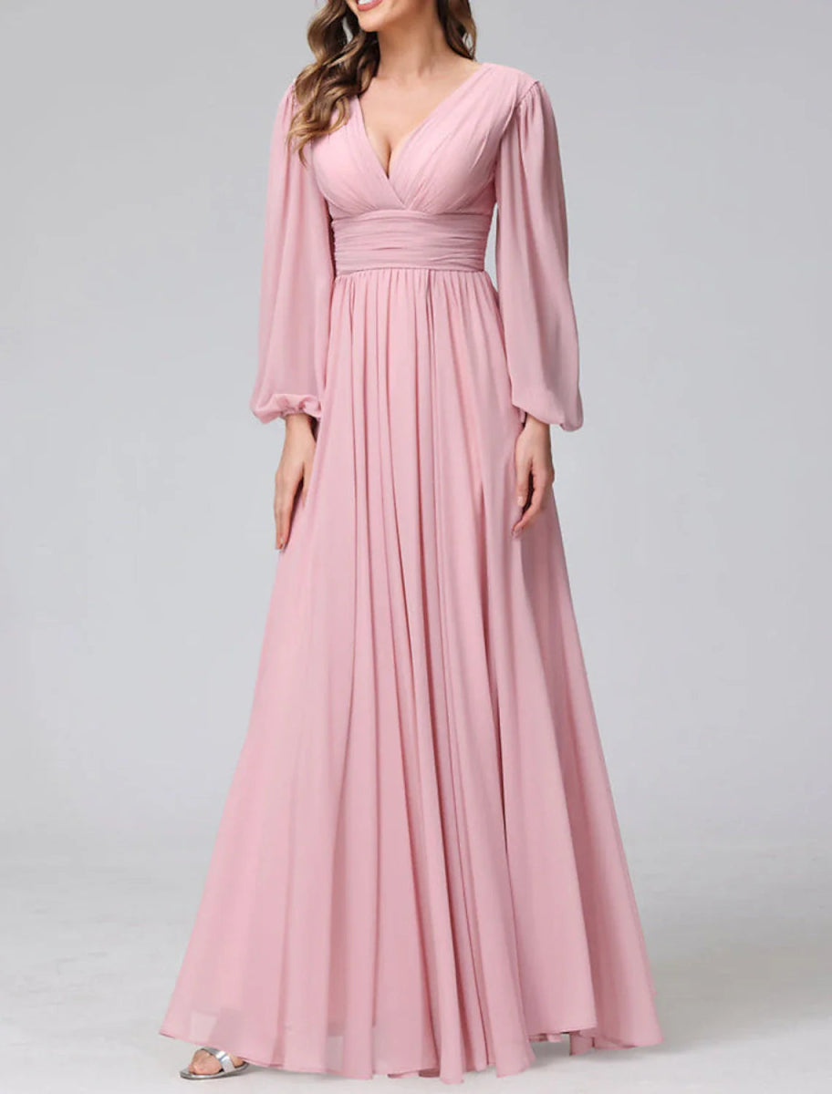 NumberSea - A - Line Bridesmaid Dress V Neck Long Sleeve Pink Floor Length Chiffon with Split Front / Ruching