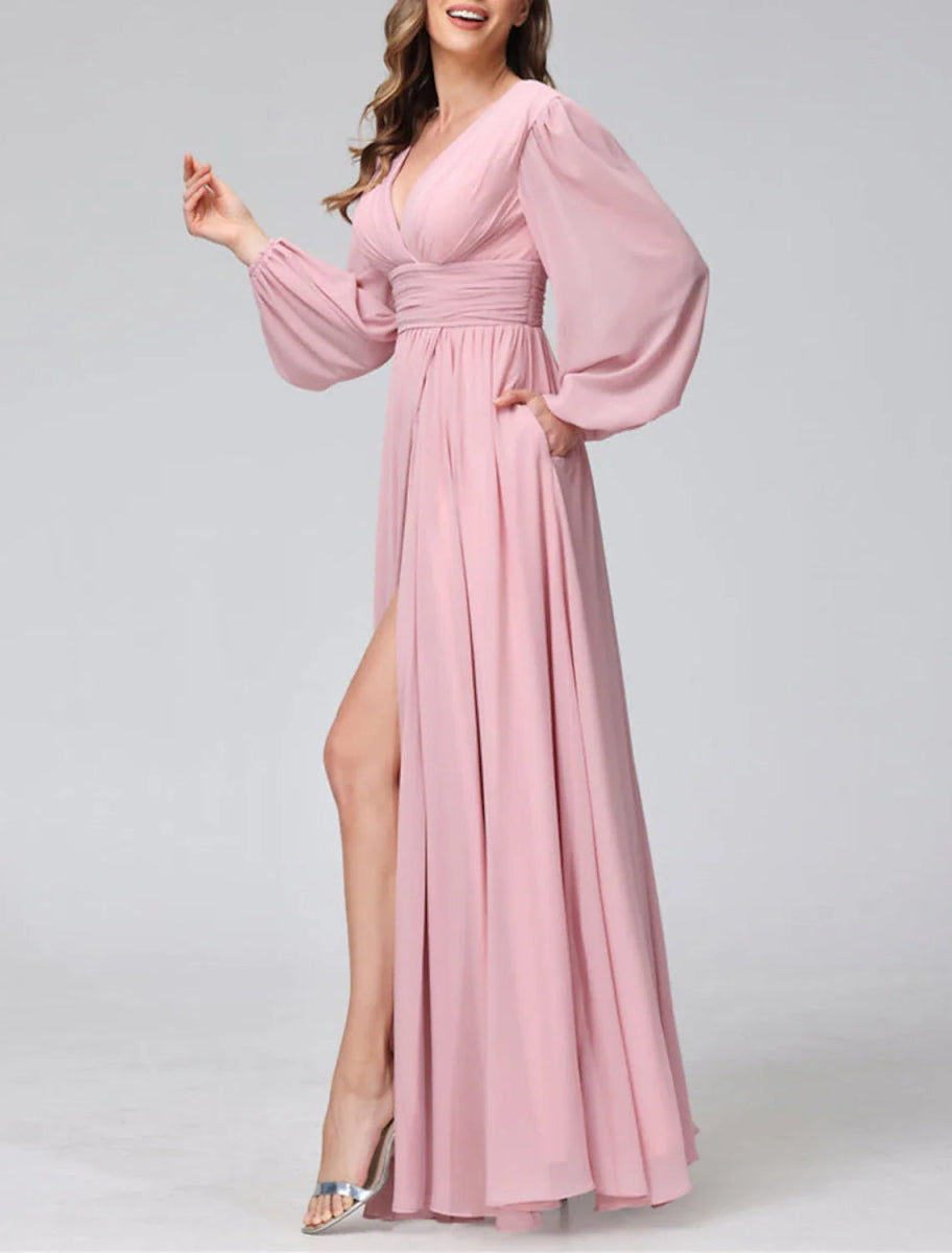 NumberSea - A - Line Bridesmaid Dress V Neck Long Sleeve Pink Floor Length Chiffon with Split Front / Ruching