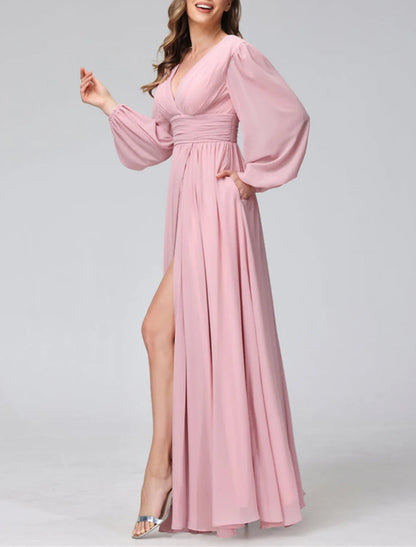 NumberSea - A - Line Bridesmaid Dress V Neck Long Sleeve Pink Floor Length Chiffon with Split Front / Ruching