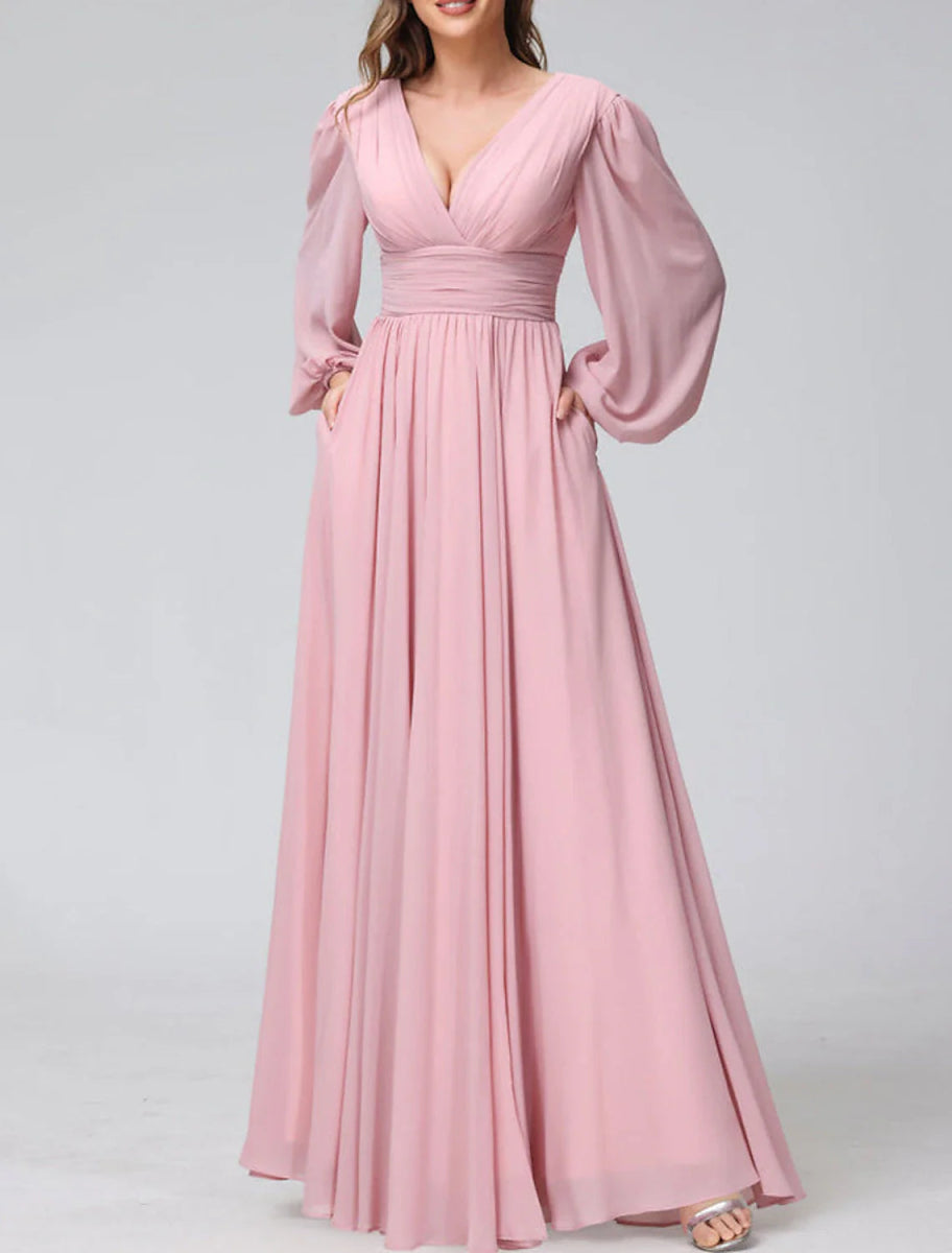 NumberSea - A - Line Bridesmaid Dress V Neck Long Sleeve Pink Floor Length Chiffon with Split Front / Ruching