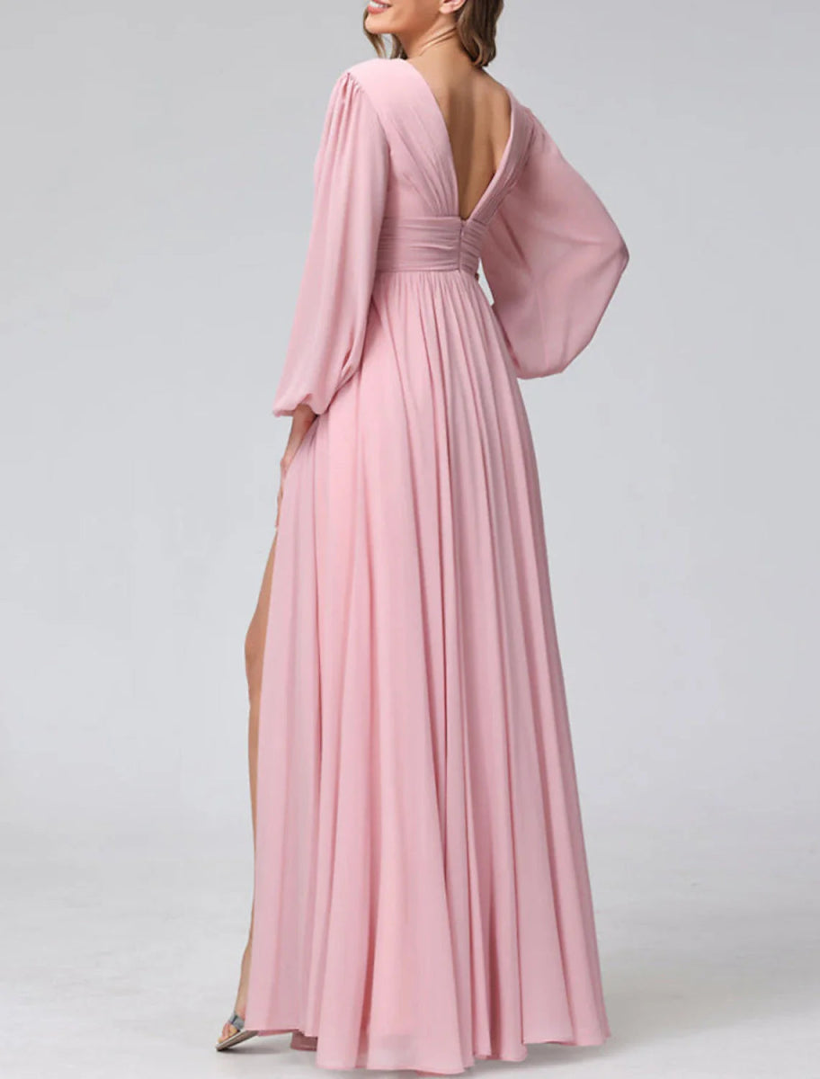 NumberSea - A - Line Bridesmaid Dress V Neck Long Sleeve Pink Floor Length Chiffon with Split Front / Ruching