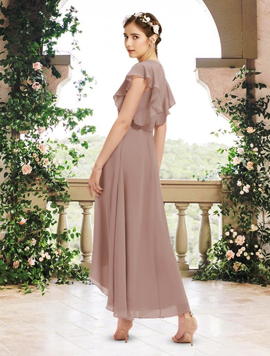 NumberSea - A - Line Bridesmaid Dress V Neck Short Sleeve Elegant Asymmetrical / Ankle Length Chiffon with Sash / Ribbon / Ruffles