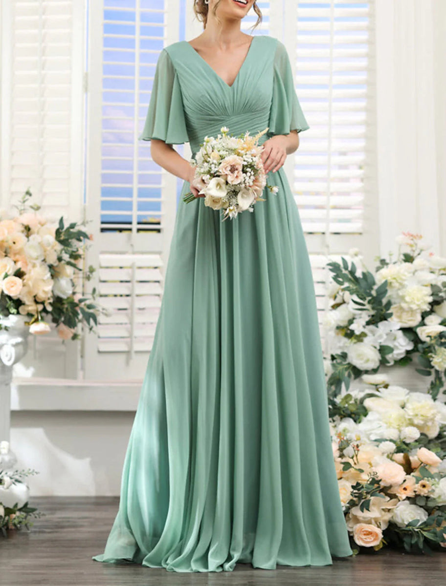 NumberSea - A - Line Bridesmaid Dress V Neck Short Sleeve Elegant Floor Length Chiffon with Split Front